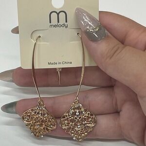 Melody Gold Tone Filigree Fan Drop Earrings Rhinestone Accented Dangle Hooks